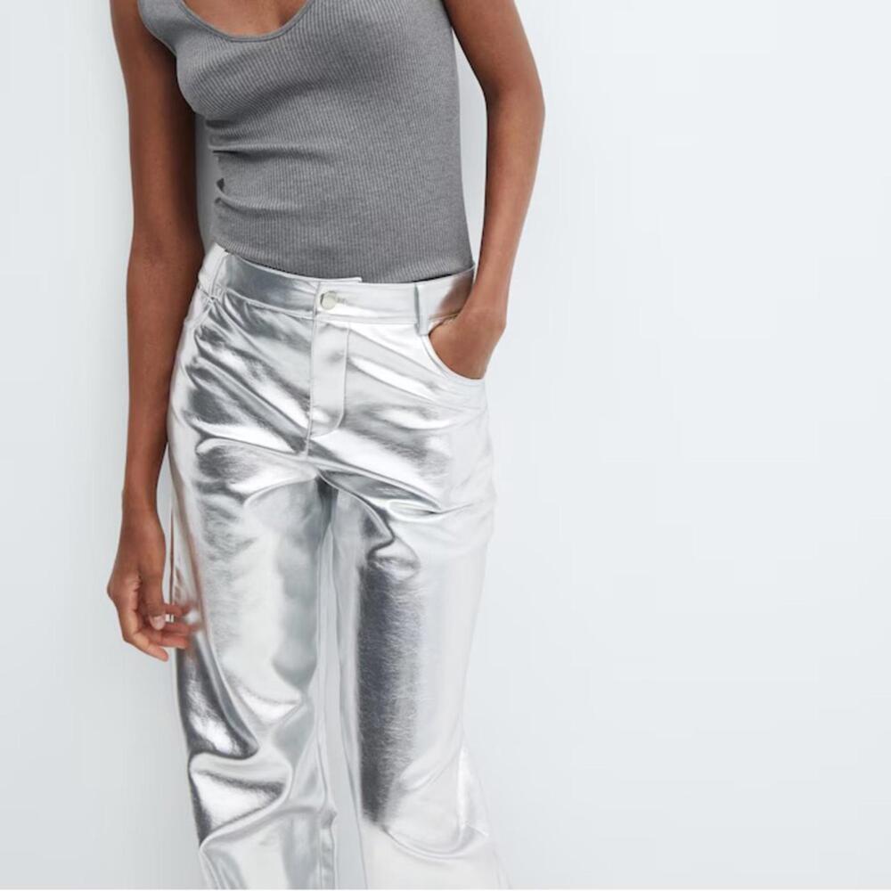 NWT MNG by MANGO SZ 4 Rave Metallic Mid Rise Silver Faux Leather Wide Leg Pants - Picture 4 of 7